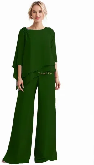 2 Pieces Mother of The Bride Pant Suits Appliques Ruffle Lace Appliqued Chiffon Wedding Outfits for Women