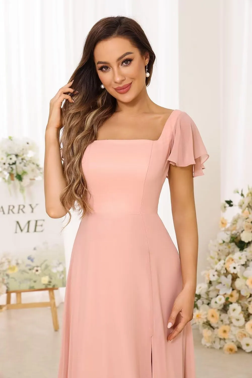 2024 Women's Bridesmaid Dresses Long with Slit Square Neck Short Ruffle Sleeves A Line Zipper Formal Dress DN48