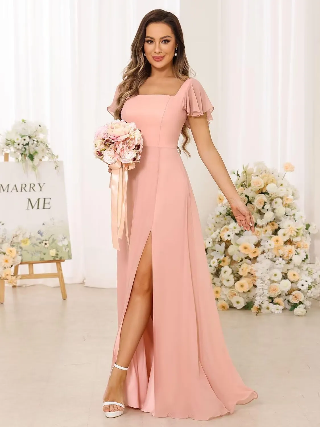 2024 Women's Bridesmaid Dresses Long with Slit Square Neck Short Ruffle Sleeves A Line Zipper Formal Dress DN48