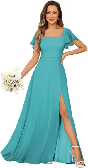 2024 Women's Bridesmaid Dresses Long with Slit Square Neck Short Ruffle Sleeves A Line Zipper Formal Dress DN48