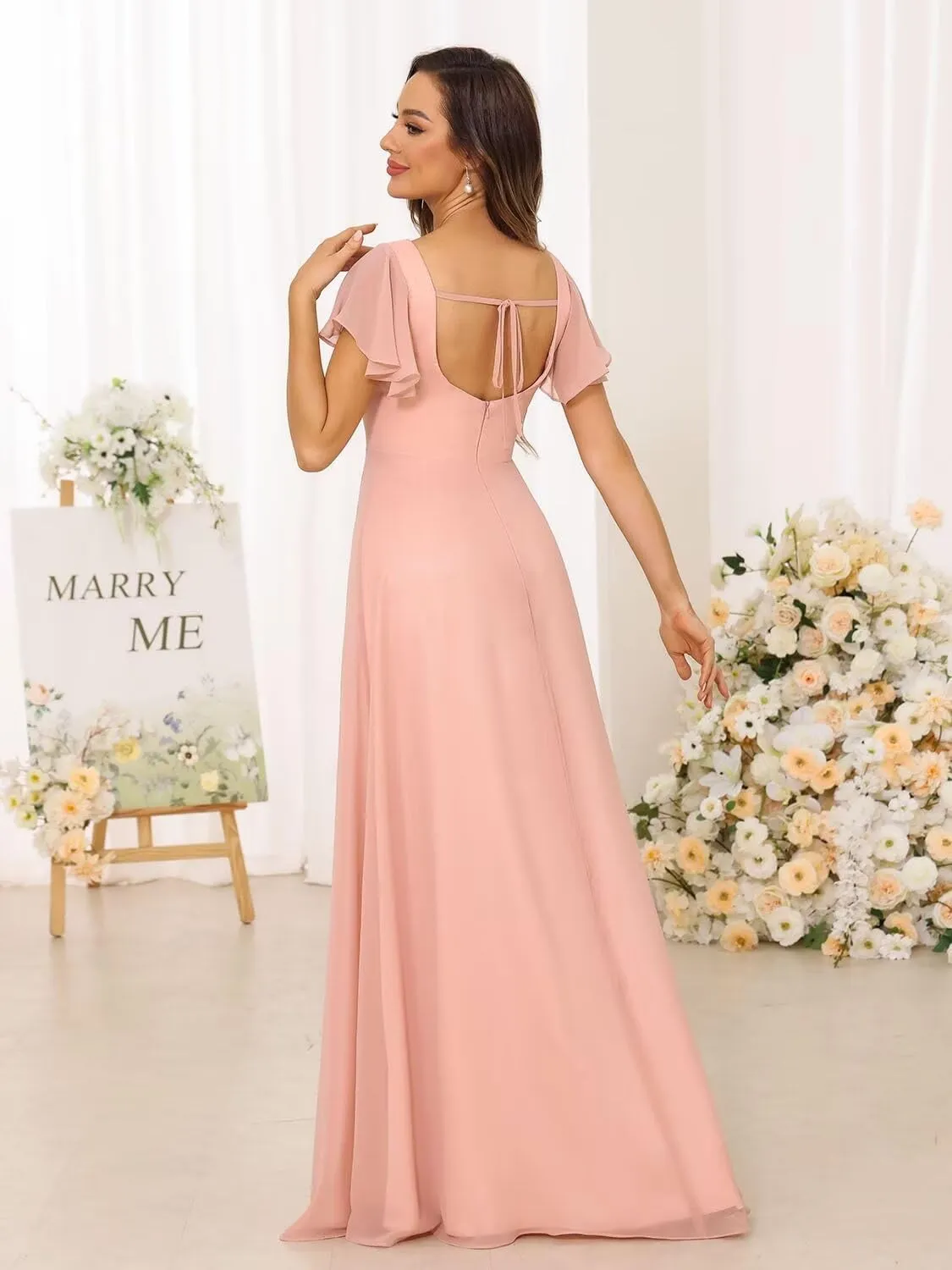 2024 Women's Bridesmaid Dresses Long with Slit Square Neck Short Ruffle Sleeves A Line Zipper Formal Dress DN48
