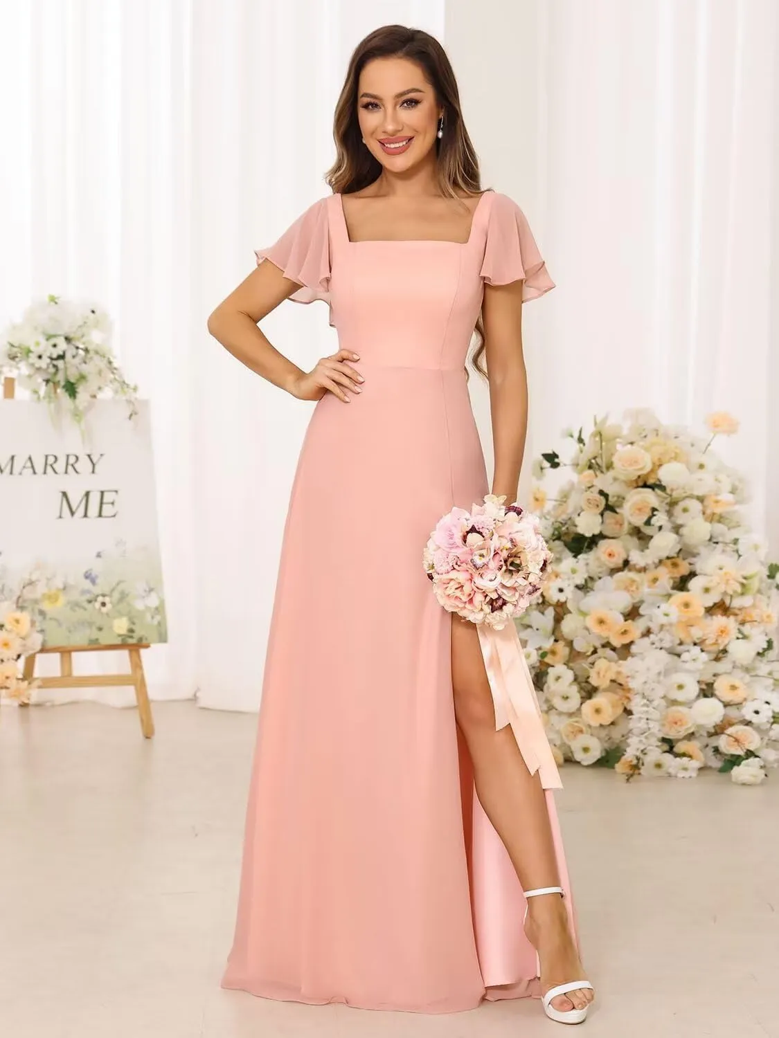 2024 Women's Bridesmaid Dresses Long with Slit Square Neck Short Ruffle Sleeves A Line Zipper Formal Dress DN48