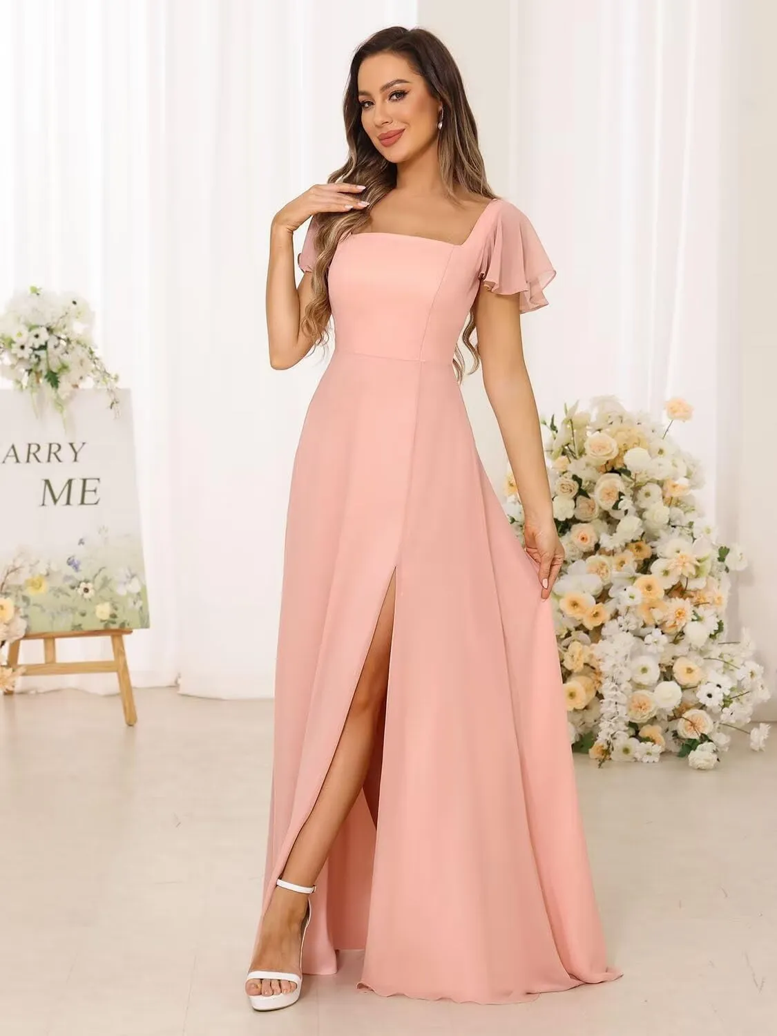 2024 Women's Bridesmaid Dresses Long with Slit Square Neck Short Ruffle Sleeves A Line Zipper Formal Dress DN48