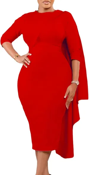 2025 Women's Fashion Cloak Sleeve Party Business Work Dress Elegant Round Neck 3/4 Sleeves Tight Midi Pencil Dress