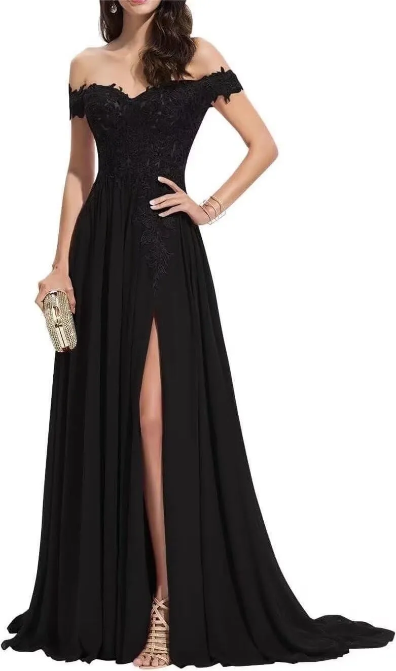 2025 Women's Laces Appliques Prom Dresses Off Shoulder Long Chiffon A-Line Formal Evening Party Gowns with Slit