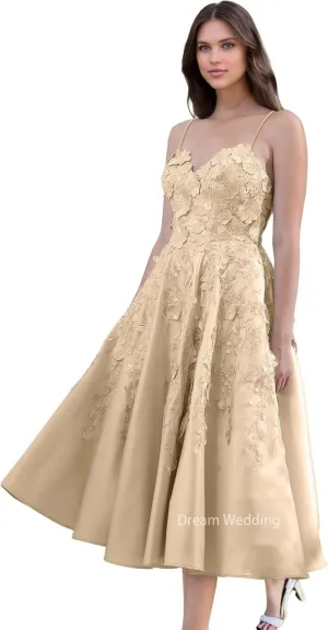 3D Flower Appliques Prom Dress Spaghetti Straps A Line Formal Party Gowns V-Neck Satin Wedding Guest Dress Tea Length DR0798