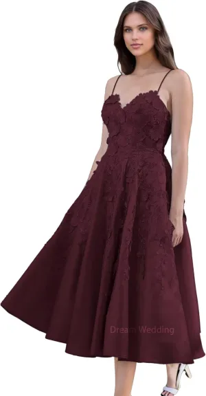 3D Flower Appliques Prom Dress Spaghetti Straps A Line Formal Party Gowns V-Neck Satin Wedding Guest Dress Tea Length DR0798