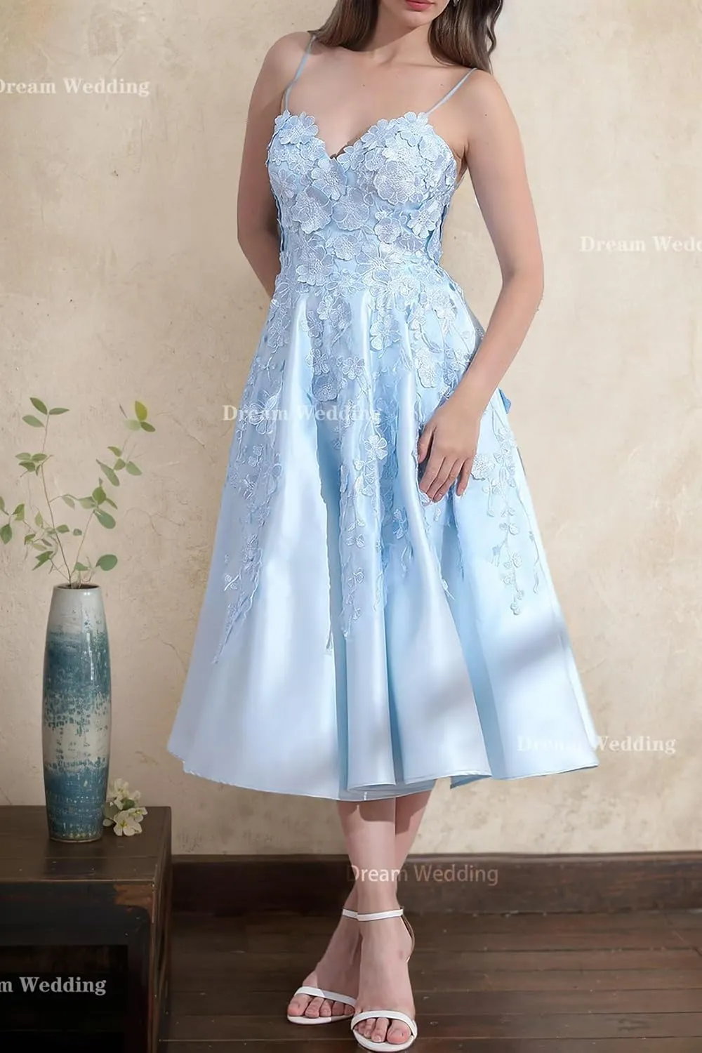 3D Flower Appliques Prom Dress Spaghetti Straps A Line Formal Party Gowns V-Neck Satin Wedding Guest Dress Tea Length DR0798
