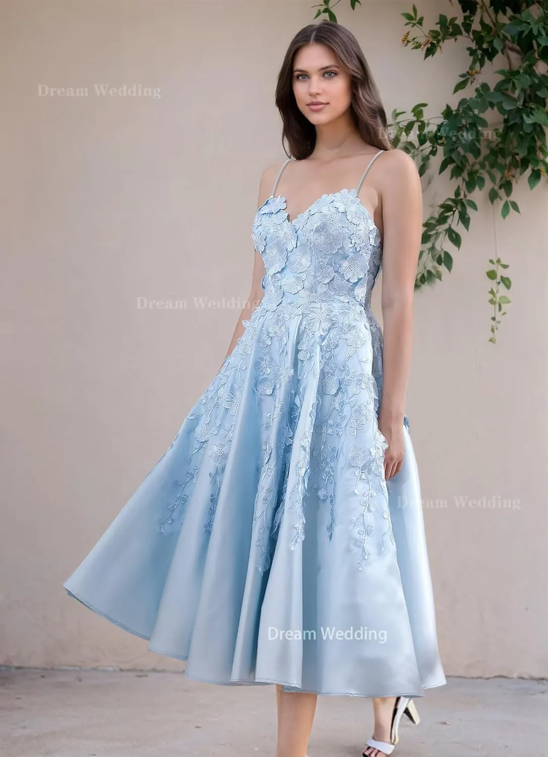 3D Flower Appliques Prom Dress Spaghetti Straps A Line Formal Party Gowns V-Neck Satin Wedding Guest Dress Tea Length DR0798