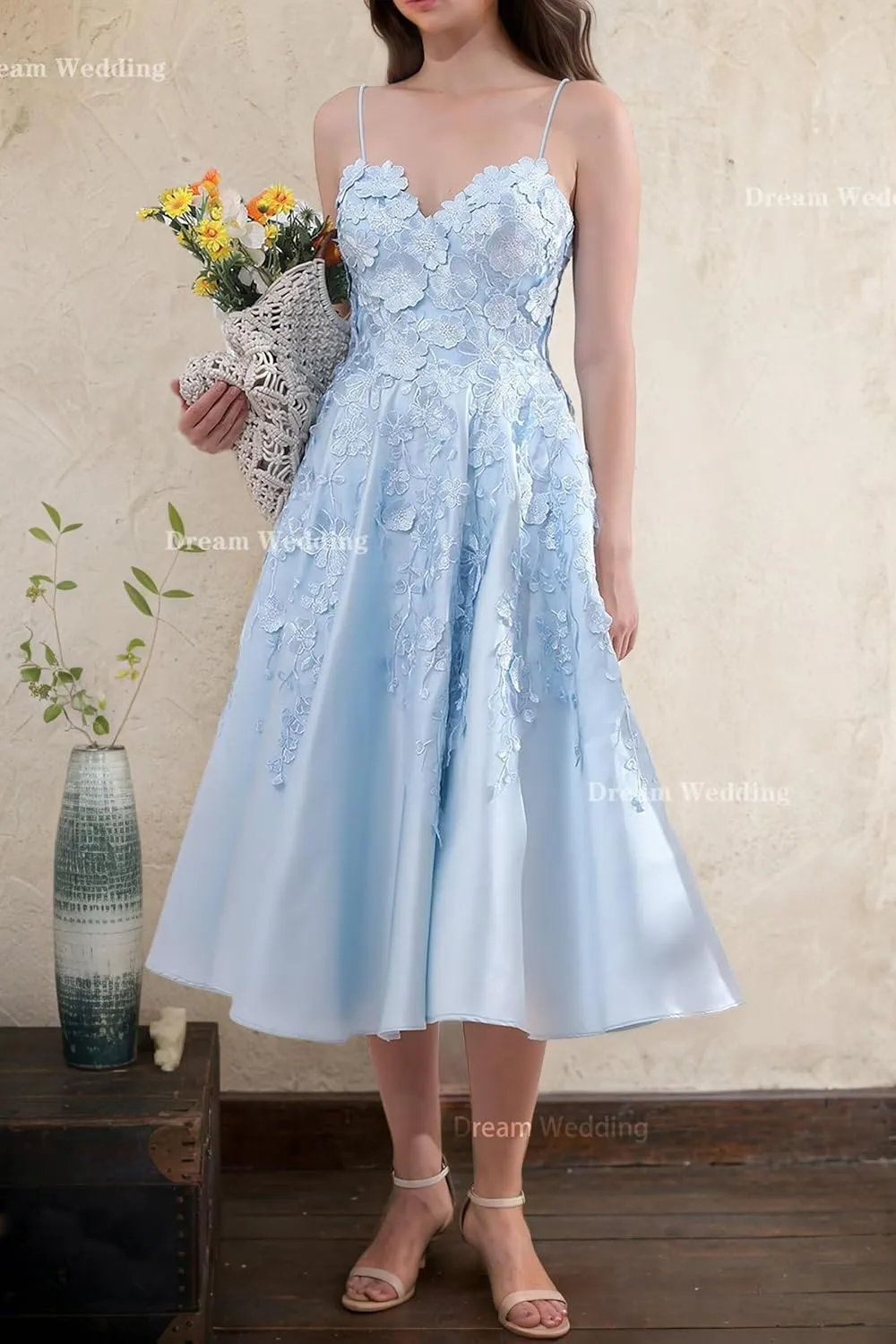 3D Flower Appliques Prom Dress Spaghetti Straps A Line Formal Party Gowns V-Neck Satin Wedding Guest Dress Tea Length DR0798
