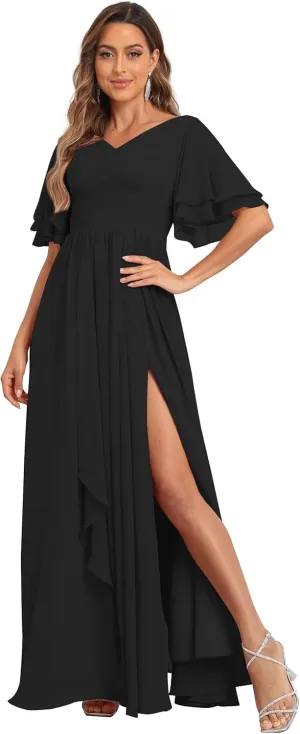A-Line Bridesmaid Dress with Slit Short Sleeve V Neck Evening Gown with Pocket Chiffon Long Ruched Mother of The Bride Dress