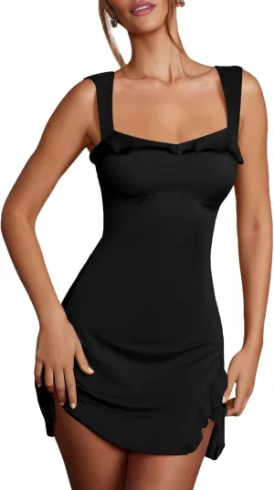 Aisbei Women's Sexy Square Neck Dress Sleeveless Ruffle Side Slit Flare Mini Dress Party Club Short Dress