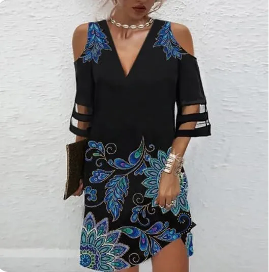 Akivide Women Casual Boho Short Sleeve Dress Cold Shoulder V Neck Mesh Flowy Beach Tunic Midi Dress