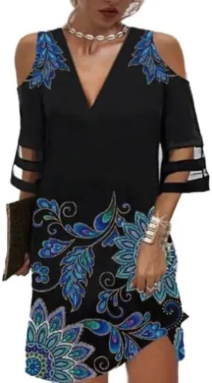 Akivide Women Casual Boho Short Sleeve Dress Cold Shoulder V Neck Mesh Flowy Beach Tunic Midi Dress