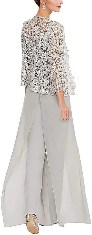 Anti Women's 3 Pieces Lace Mother of The Bride Pant Suits with Long Sleeves Plus Size Jacket Dress