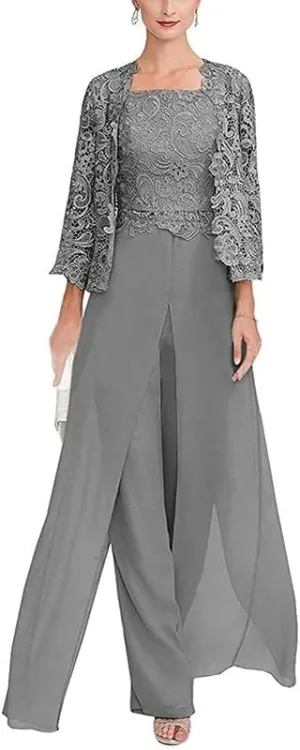 Anti Women's 3 Pieces Lace Mother of The Bride Pant Suits with Long Sleeves Plus Size Jacket Dress
