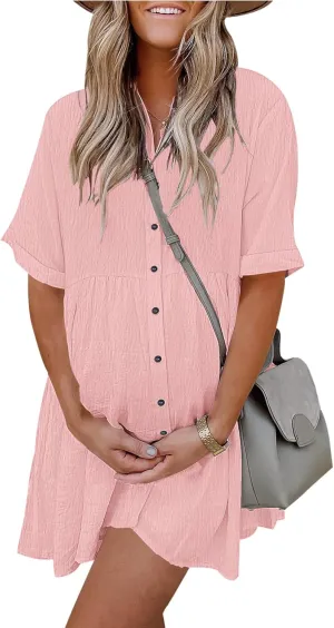 AUSELILY Women's Summer Babydoll Dress Casual Short Sleeve Sundress Button Down Dresses with Pockets 2025 New