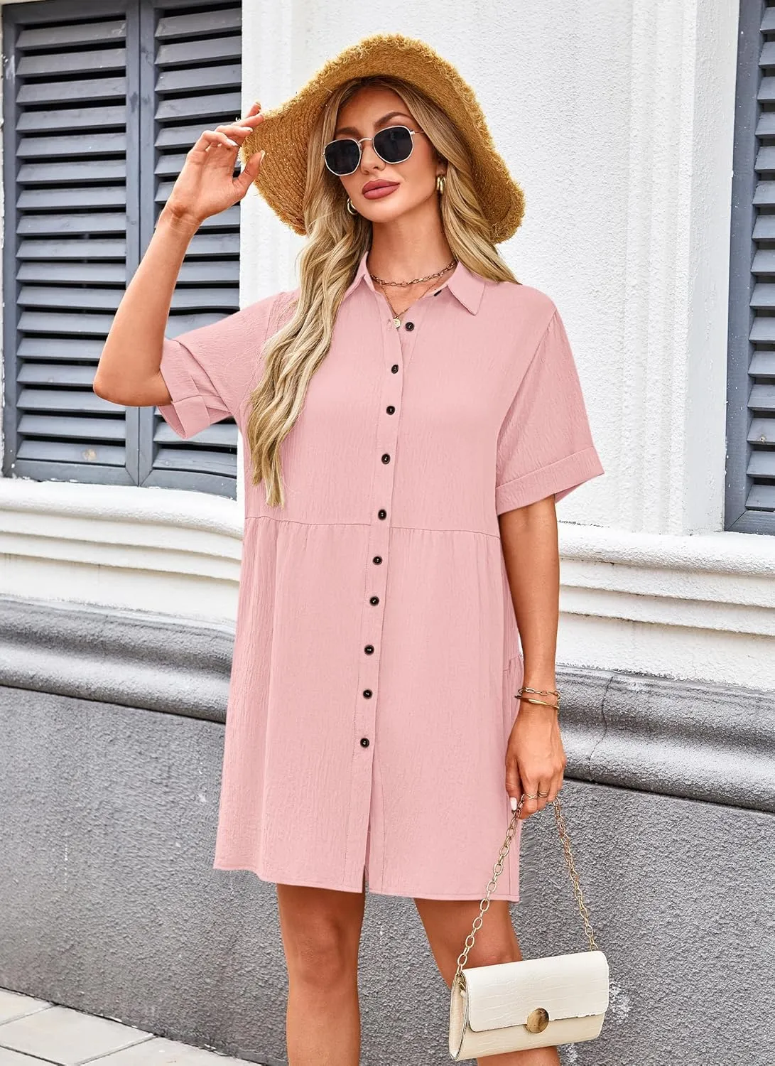 AUSELILY Women's Summer Babydoll Dress Casual Short Sleeve Sundress Button Down Dresses with Pockets 2025 New
