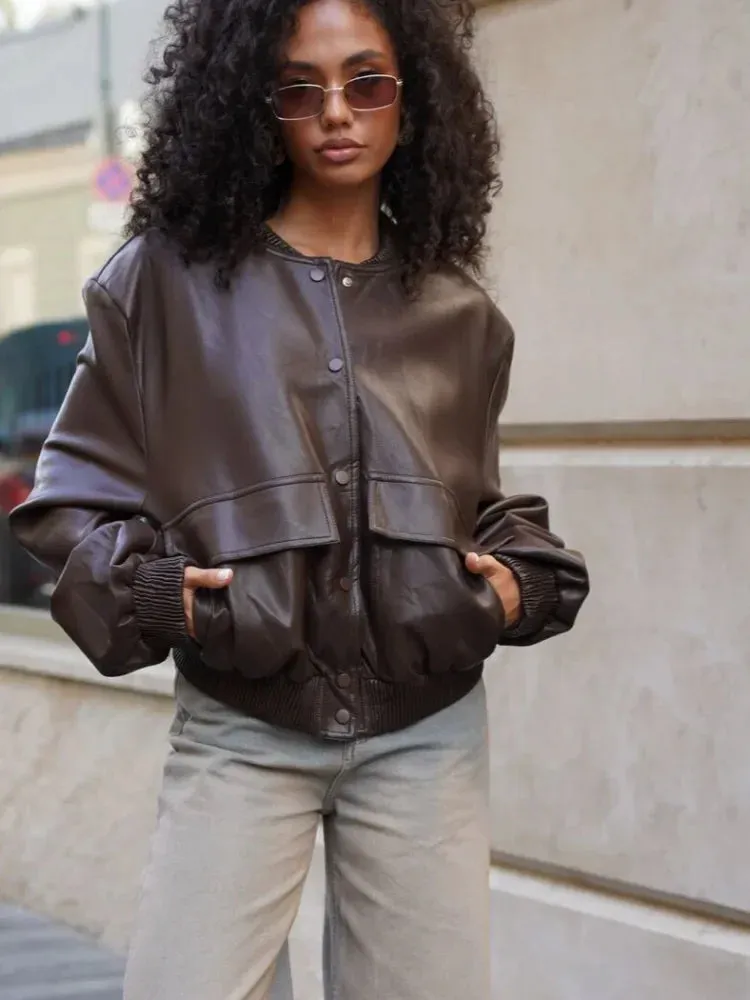 Back To School Joskaa Fashion O-neck Single Breasted Pu Women's Leather Jacket Solid Color Flip Pocket Long Sleeved Coats Autumn High Street Outerwear
