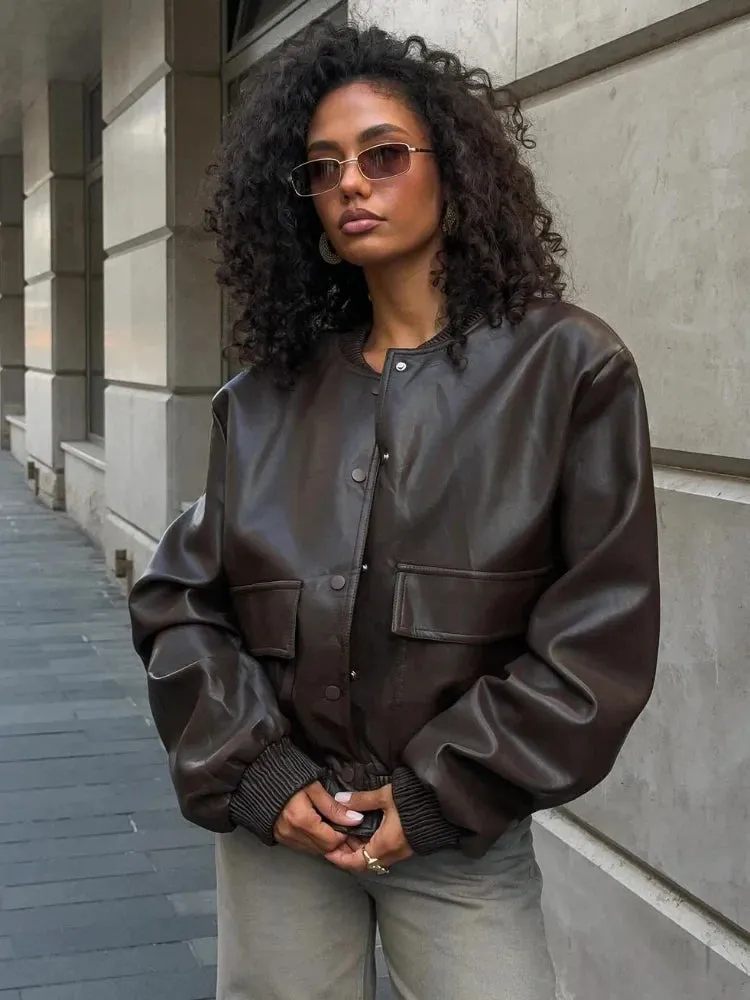Back To School Joskaa Fashion O-neck Single Breasted Pu Women's Leather Jacket Solid Color Flip Pocket Long Sleeved Coats Autumn High Street Outerwear