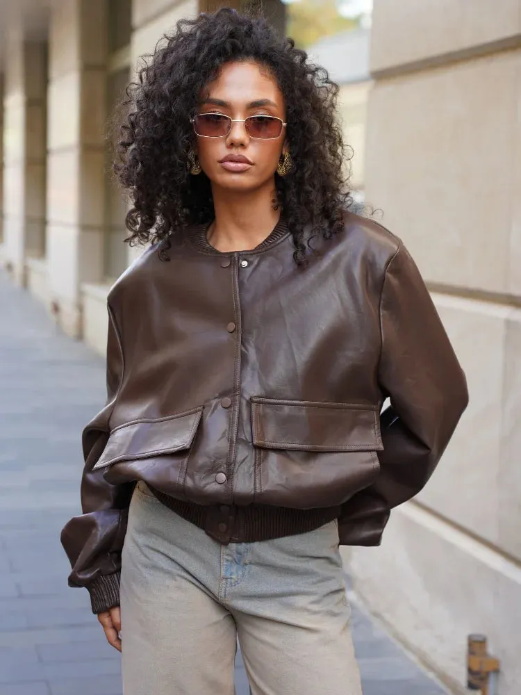 Back To School Joskaa Fashion O-neck Single Breasted Pu Women's Leather Jacket Solid Color Flip Pocket Long Sleeved Coats Autumn High Street Outerwear