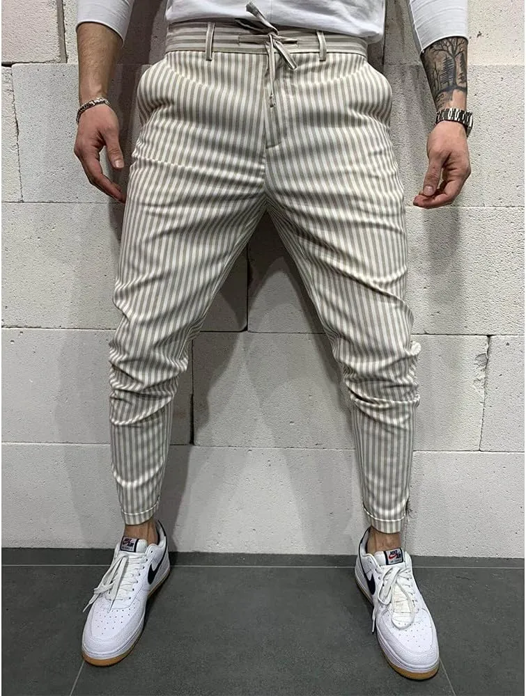 Banana Bucket Mens Striped Casual Chinos Slim Fit Skinny Tapered Zipper Pants with Pocket and Drawstring