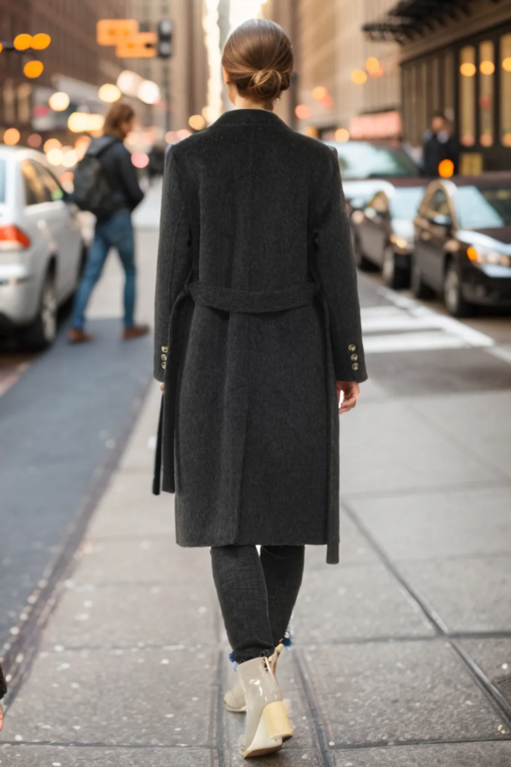 Black Peak Lapel Double Breasted Slim Fit Long Women Coat