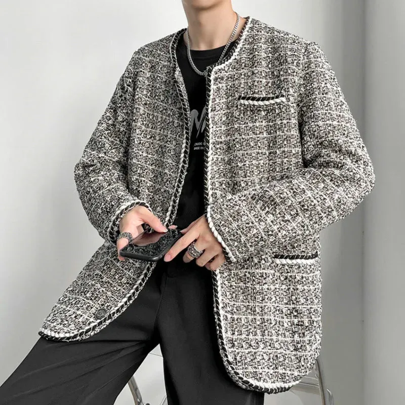 Bonsir -  Light Men's Luxury Weave Tweed Jacket Cloth-trimmed Design Single Breasted Oversized Coat Spring New Design 2A0587
