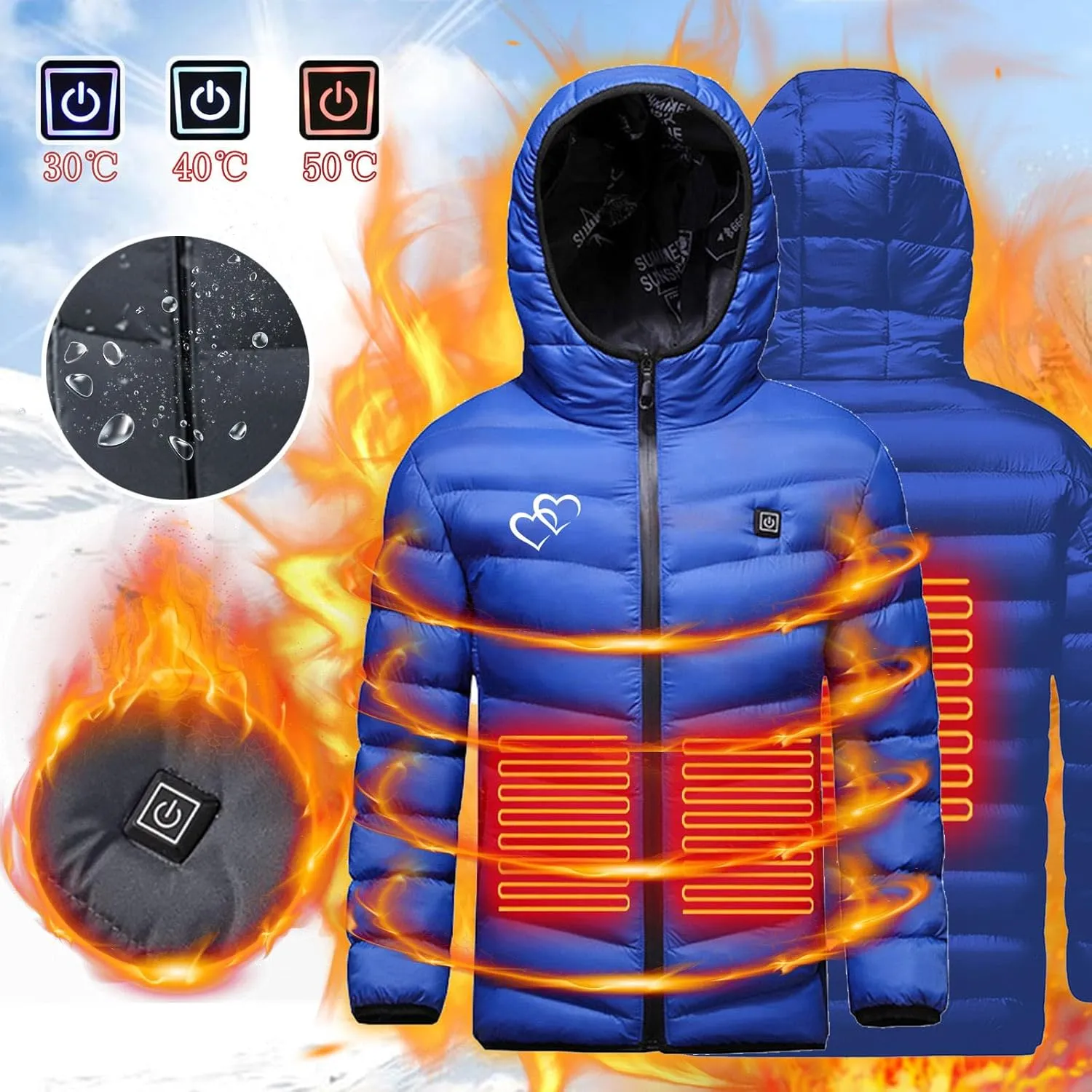 Boys Girls Winter Hooded Heated Jacket with 3 Heating Zones USB Charging Electric Hoodie Coats Kids Down Jackets