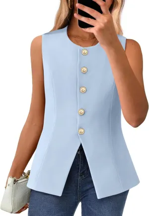 BTFBM Summer Sleeveless Blazer Vest For Women Dressy Button Down Round Neck Business Casual Outfits Work Suit Vests Tops