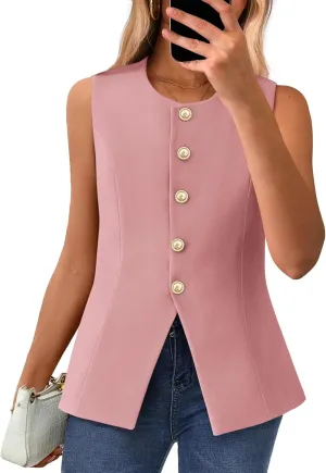 BTFBM Summer Sleeveless Blazer Vest For Women Dressy Button Down Round Neck Business Casual Outfits Work Suit Vests Tops