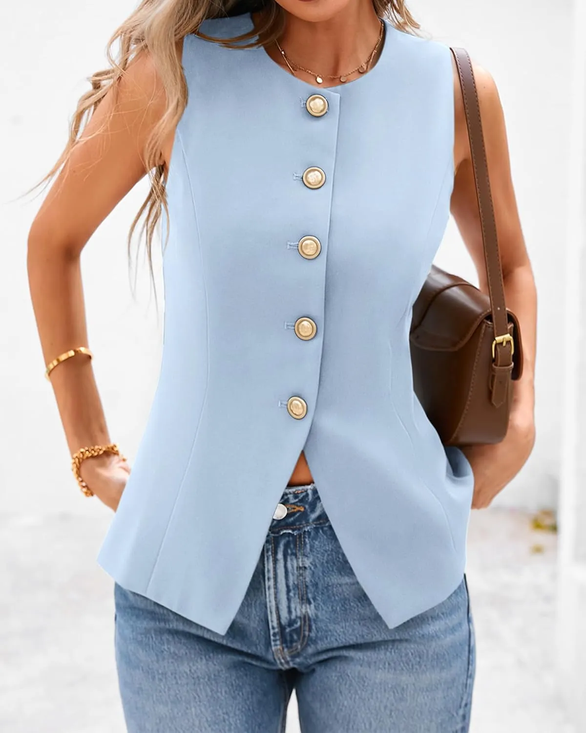 BTFBM Summer Sleeveless Blazer Vest For Women Dressy Button Down Round Neck Business Casual Outfits Work Suit Vests Tops