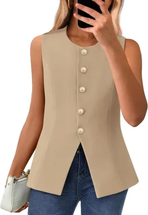 BTFBM Summer Sleeveless Blazer Vest For Women Dressy Button Down Round Neck Business Casual Outfits Work Suit Vests Tops