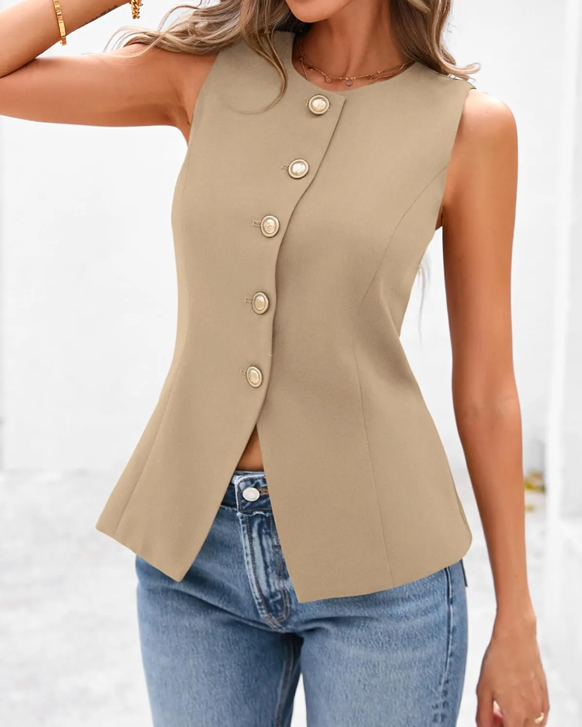 BTFBM Summer Sleeveless Blazer Vest For Women Dressy Button Down Round Neck Business Casual Outfits Work Suit Vests Tops