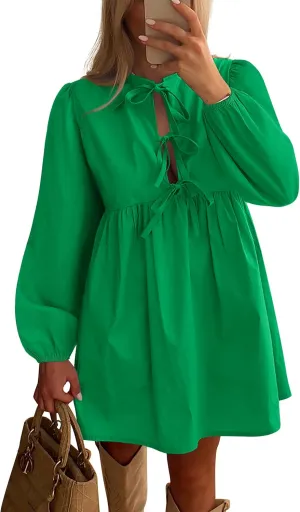 BTFBM Women's Casual Short Dress 2025 Bow Tie Front Puff Long Sleeve Button A Line Cute Y2K Going Out Dresses Pockets