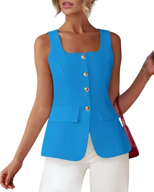 BTFBM Womens Sleeveless Suit Vests Dressy Casual Square Neck Business Work Waistcoat Summer Button Up Blazer Vest Tops
