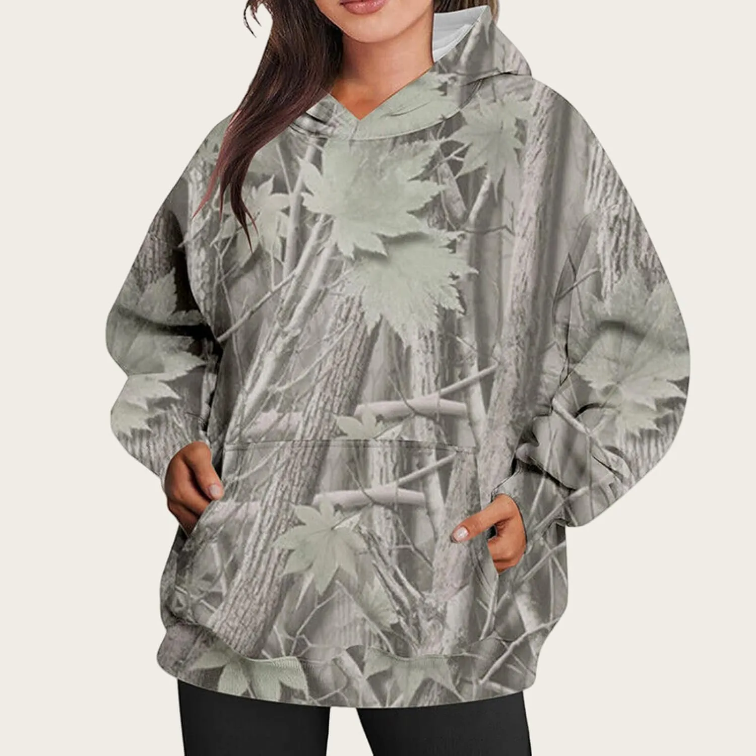 Camo Hoodie for Women Oversized Maple-Leaf Print Hooded Sweatshirt Lightweight Crew Neck Long Sleeve Pullover Tops