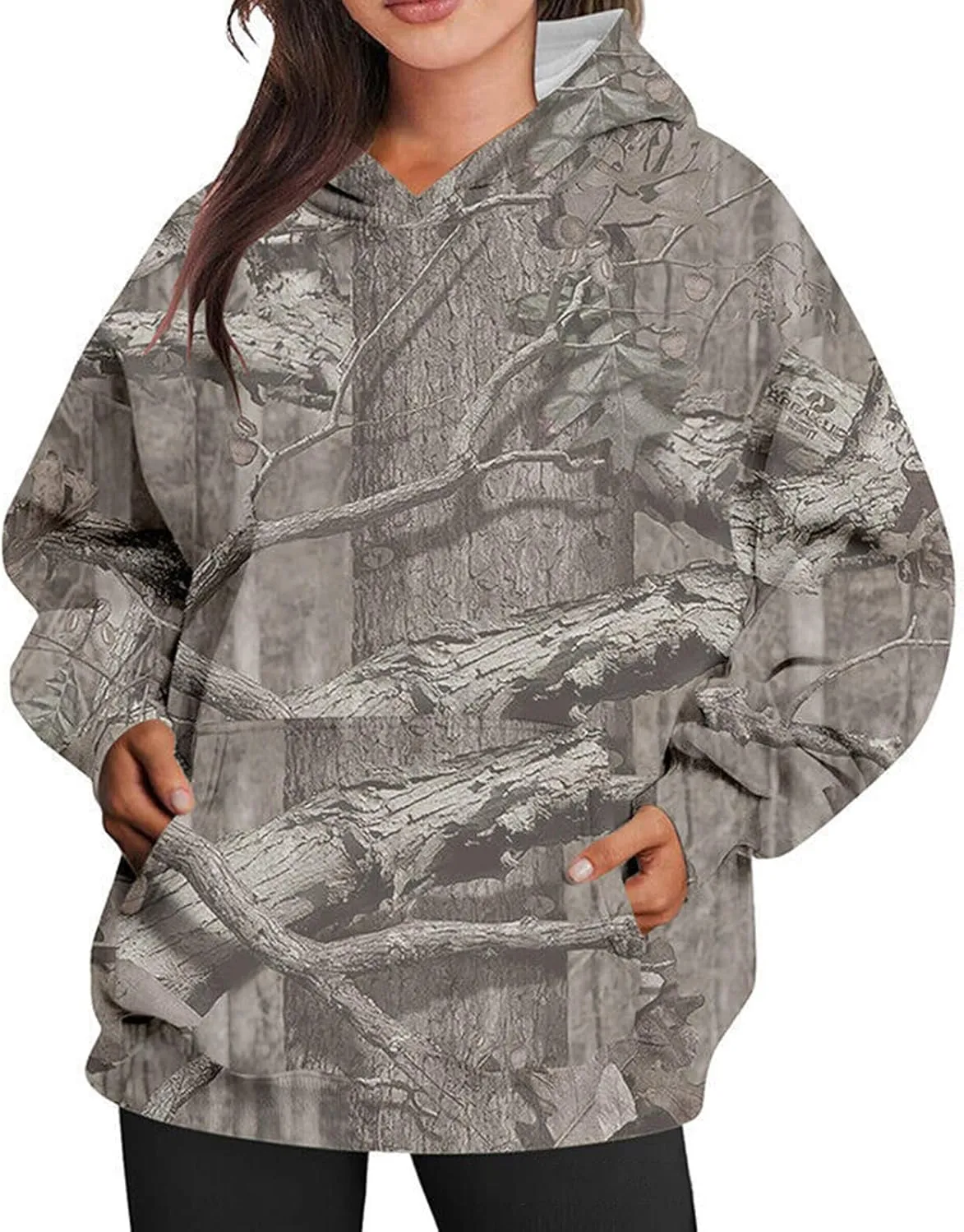 Camo Hoodie for Women Oversized Maple-Leaf Print Hooded Sweatshirt Lightweight Crew Neck Long Sleeve Pullover Tops