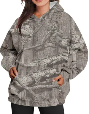 Camo Hoodie for Women Oversized Maple-Leaf Print Hooded Sweatshirt Lightweight Crew Neck Long Sleeve Pullover Tops