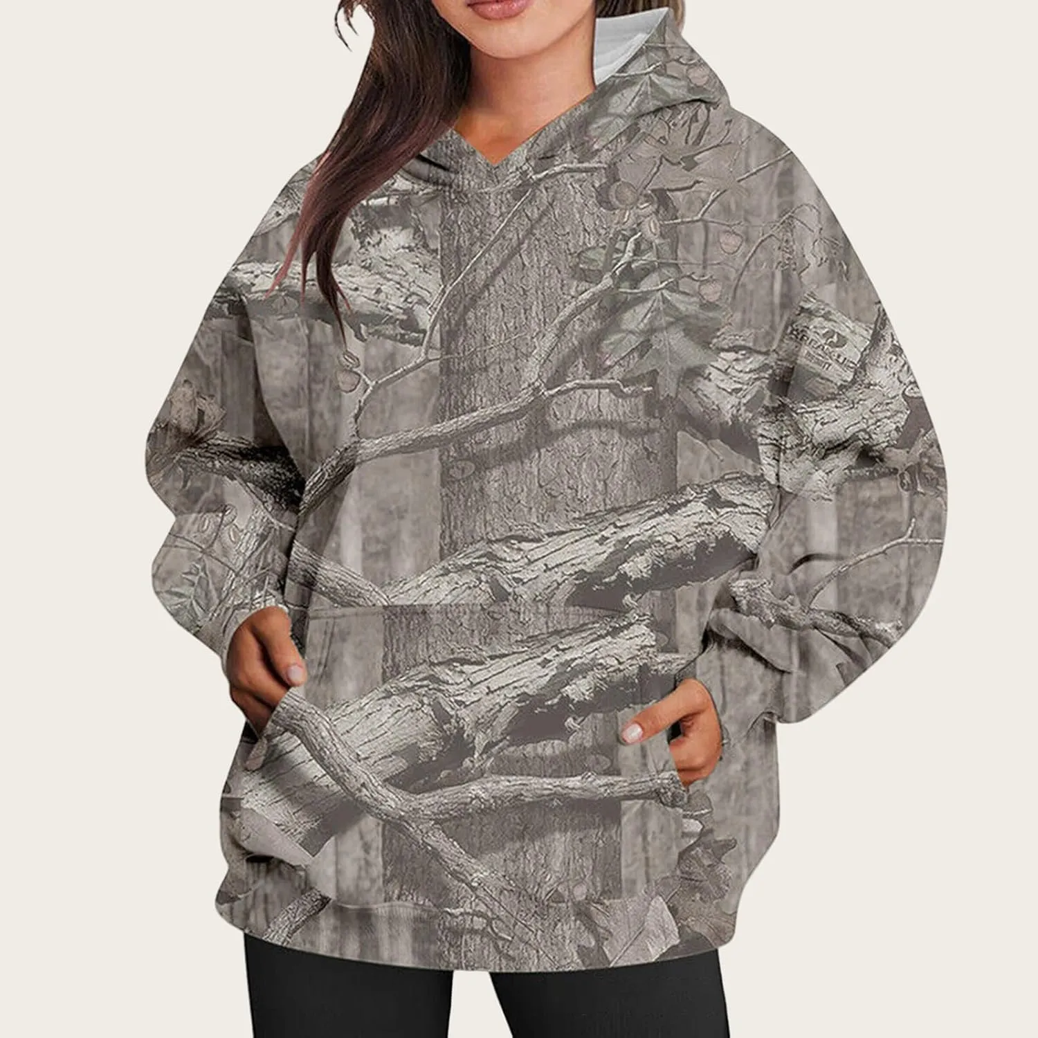 Camo Hoodie for Women Oversized Maple-Leaf Print Hooded Sweatshirt Lightweight Crew Neck Long Sleeve Pullover Tops