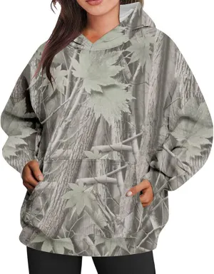 Camo Hoodie for Women Oversized Maple-Leaf Print Hooded Sweatshirt Lightweight Crew Neck Long Sleeve Pullover Tops