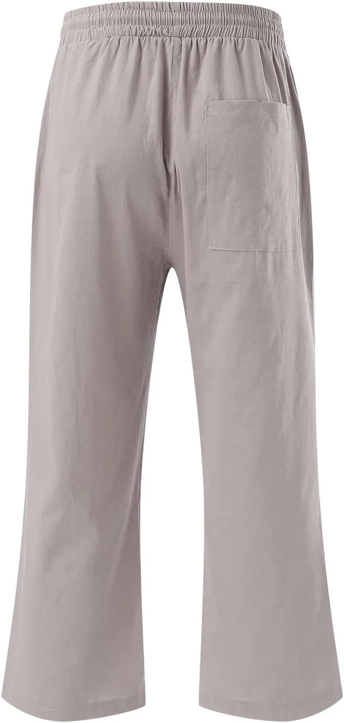 Capri Pants For Women Casual Summer Linen Elastic Waist Drawstring Pants Summer Lounge Plus Size Cropped Trousers