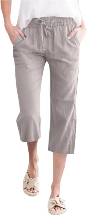 Capri Pants For Women Casual Summer Linen Elastic Waist Drawstring Pants Summer Lounge Plus Size Cropped Trousers
