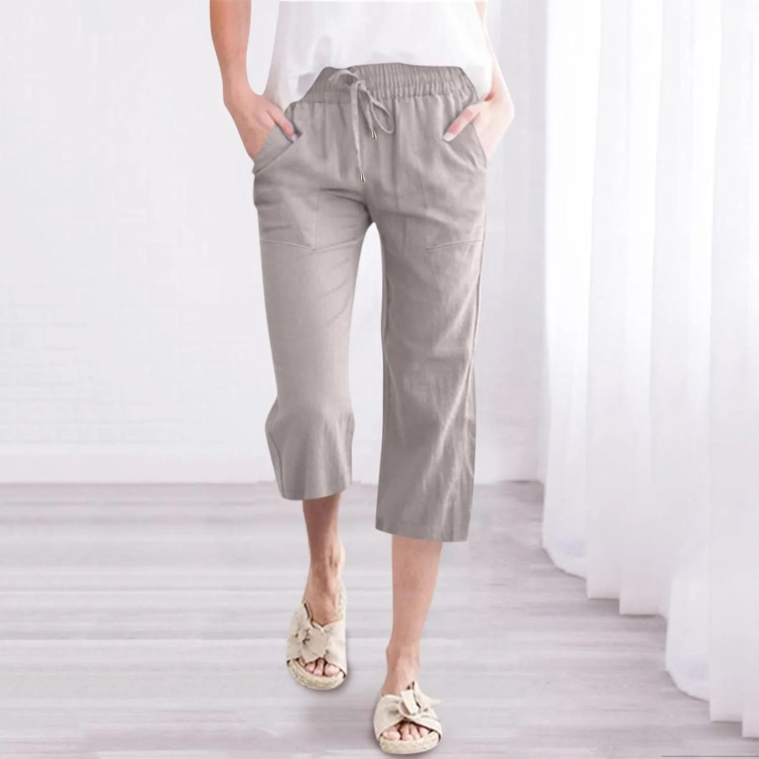Capri Pants For Women Casual Summer Linen Elastic Waist Drawstring Pants Summer Lounge Plus Size Cropped Trousers