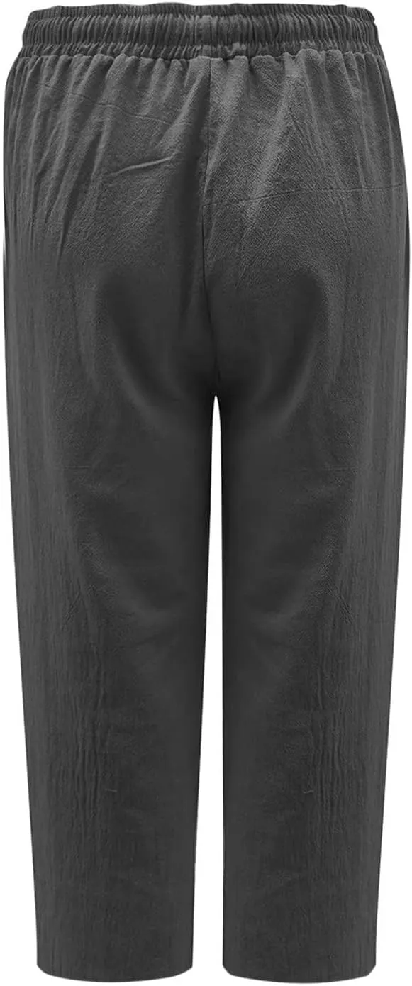 Capri Pants for Women Summer Cotton Linen Capris Drawstring Elastic High Waist Pants Wide Leg Cropped Trouser