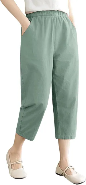 Capris Pants for Women Cotton Linen Summer 2025 Casual Straight Wide Leg Drawstring Elastic Waist Cropped Trousers