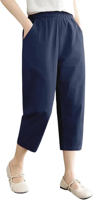 Capris Pants for Women Cotton Linen Summer 2025 Casual Straight Wide Leg Drawstring Elastic Waist Cropped Trousers