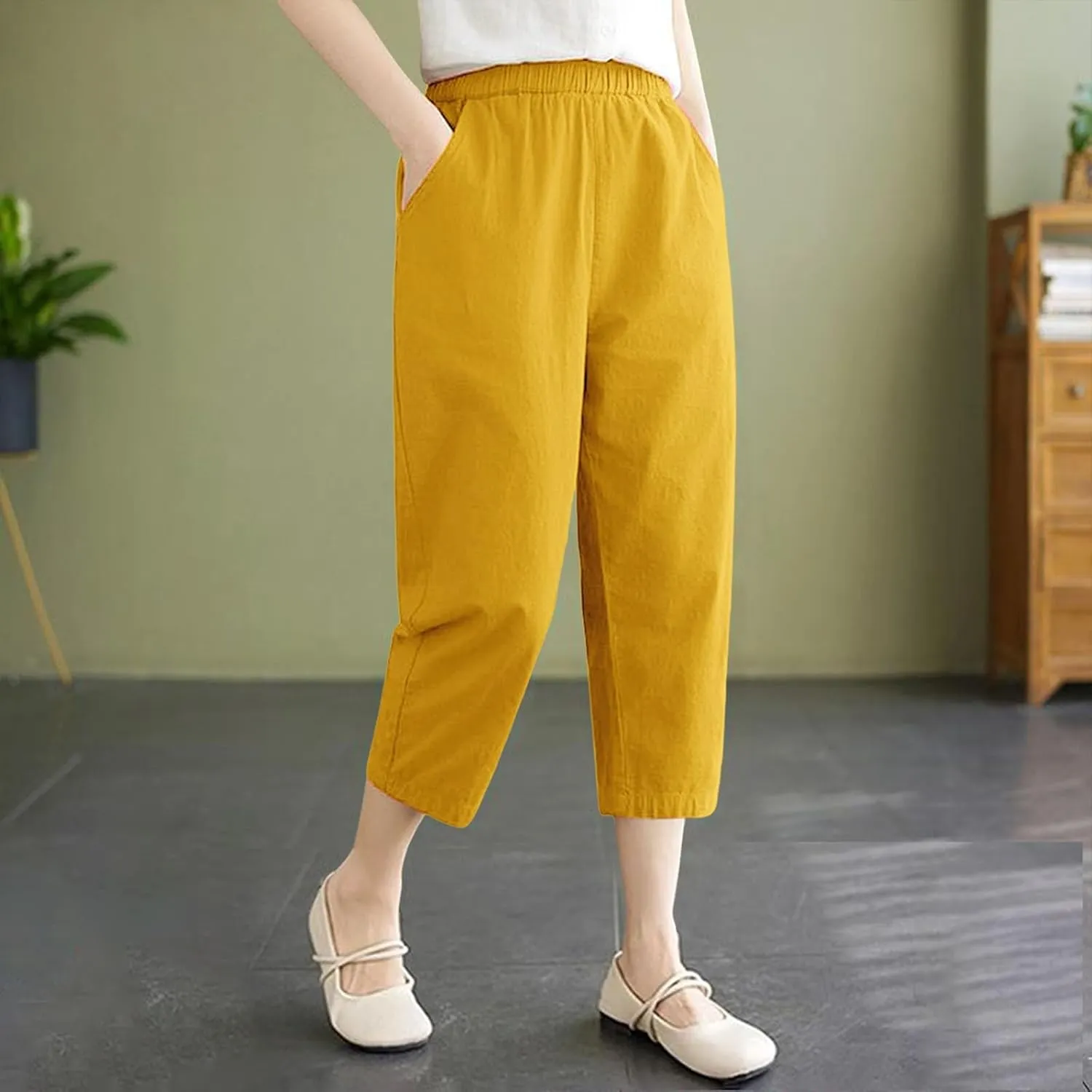 Capris Pants for Women Cotton Linen Summer 2025 Casual Straight Wide Leg Drawstring Elastic Waist Cropped Trousers