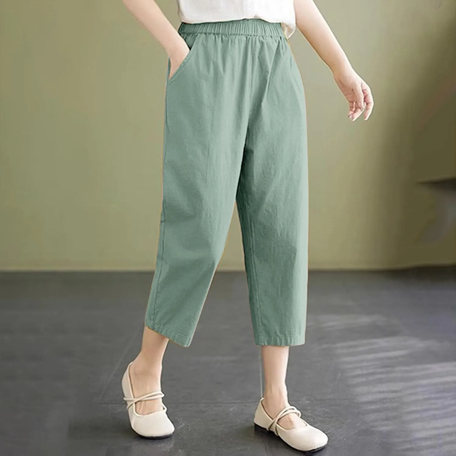 Capris Pants for Women Cotton Linen Summer 2025 Casual Straight Wide Leg Drawstring Elastic Waist Cropped Trousers