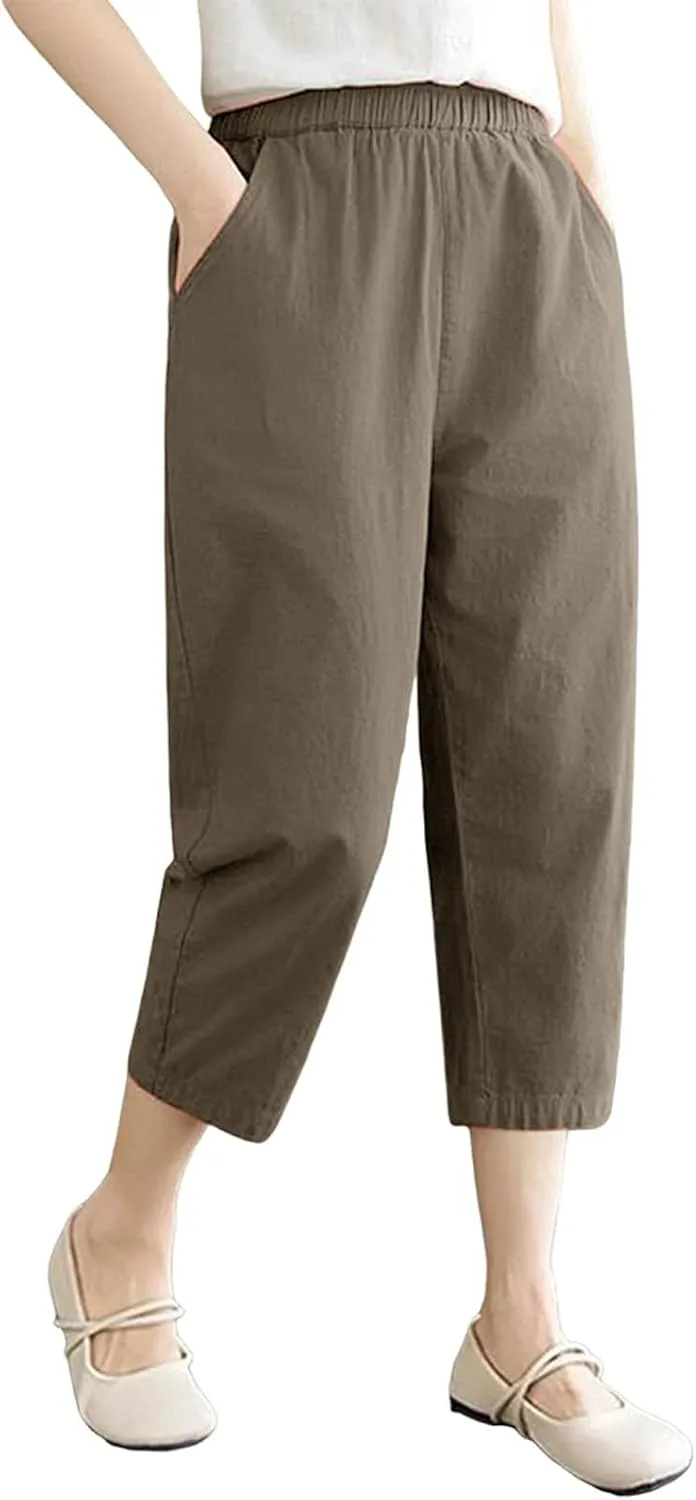 Capris Pants for Women Cotton Linen Summer 2025 Casual Straight Wide Leg Drawstring Elastic Waist Cropped Trousers